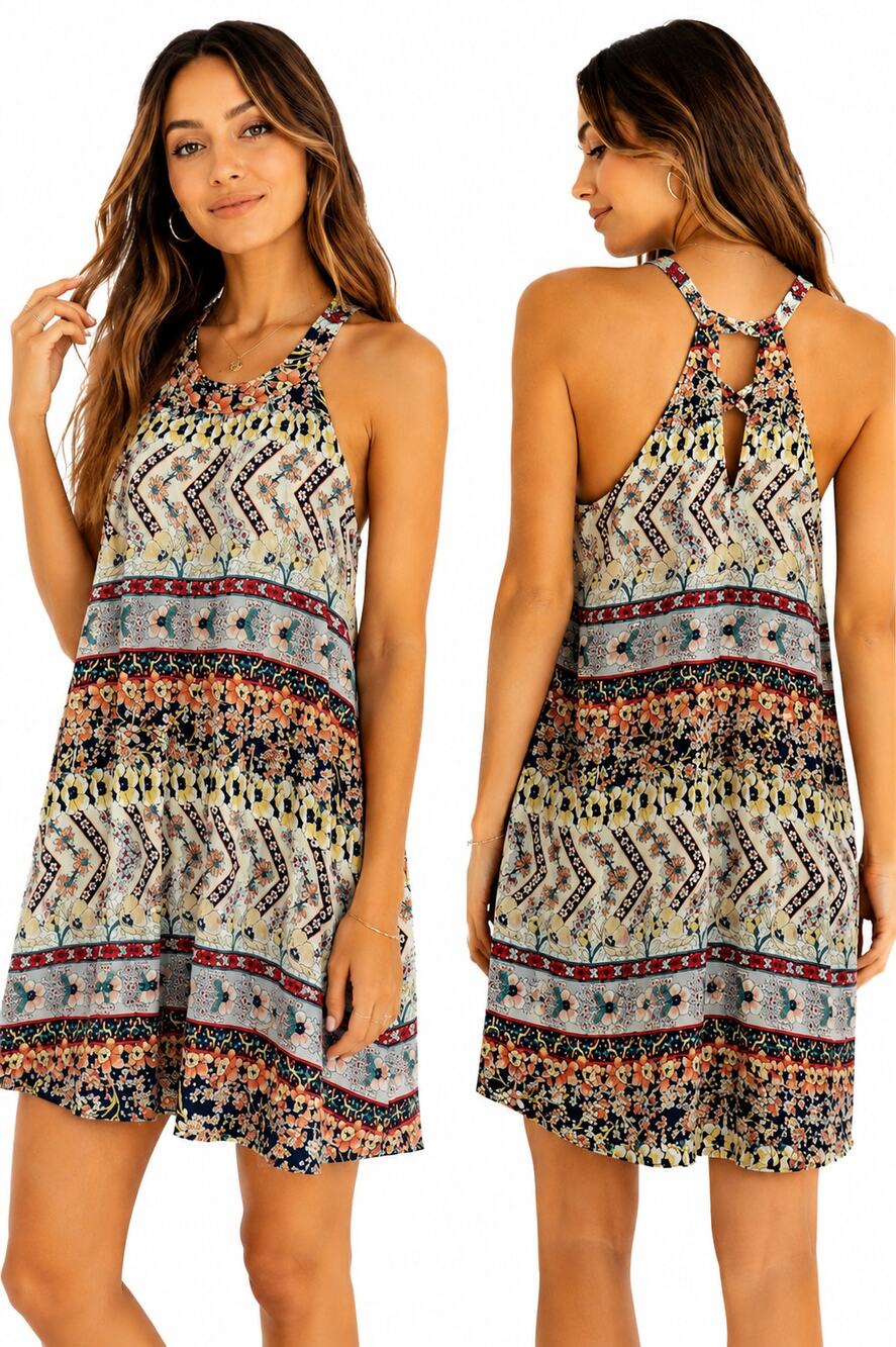 O'Neill Boho Floral Border Print Halter Dress Women's Sleeveless Mini Sundress